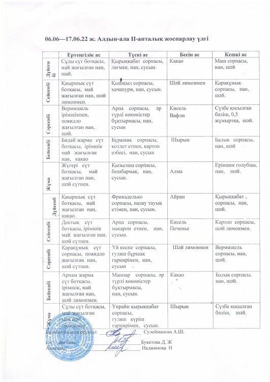 Алдын ала 2 апталық жоспарлау үлгісі 06.06.-17.06.2022ж