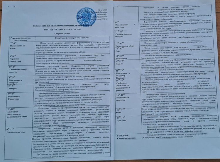 Жазғы сауықтыру кезіндегі күн тәртібі 2022-2023 оқу жылы