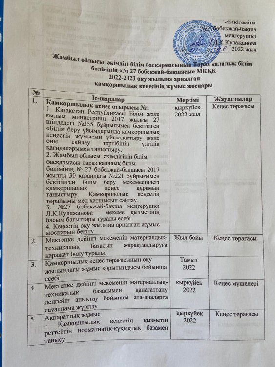 Қамқоршылық кеңестің жұмыс жоспары 2022-2023 жыл