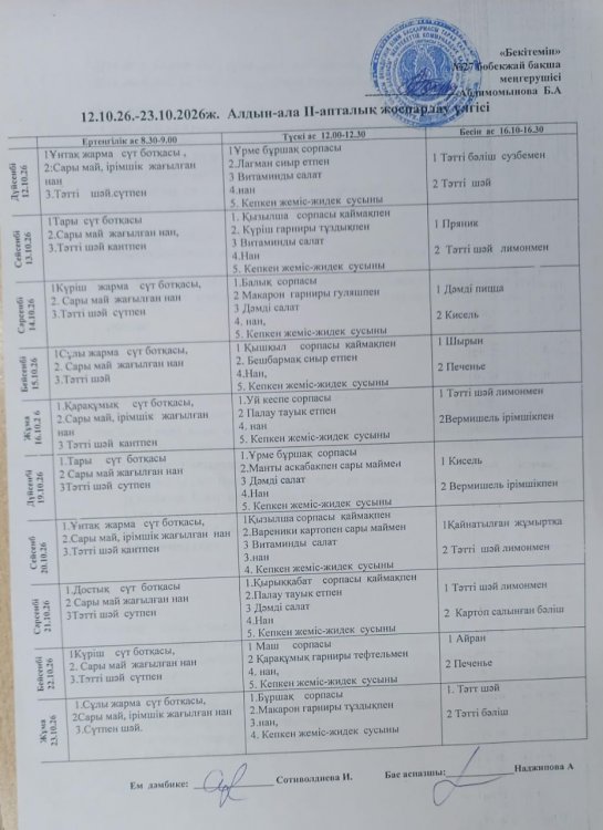 Алдын-ала ІІ апталық ас мәзірін жоспарлау үлгісі 12.10-23.10.2026 ж